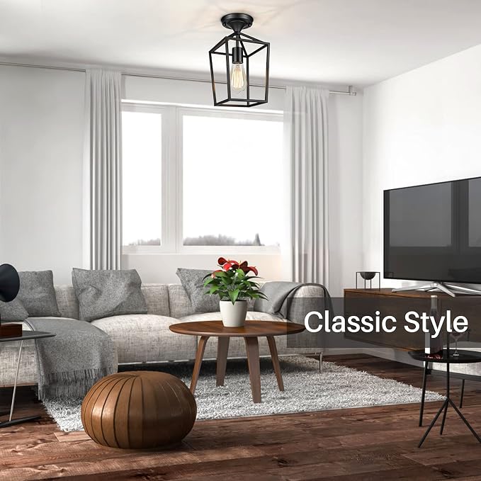 2-Pack Farmhouse Semi Flush Mount Ceiling Light Fixtures, Black | Rustproof Metal Frame, Industrial Open Design, Easy to Clean, E26 Bulb Compatible, Ideal for Hallway, Entryway & Laundry