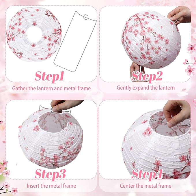 12 Pcs Cherry Blossom Paper Lanterns Tea Party Decorations Floral Flower Wildflower Spring Birthday Party Decoration Flower 10 Inch Hanging Round Paper Lanterns for Wedding Bridal Shower Baby Shower