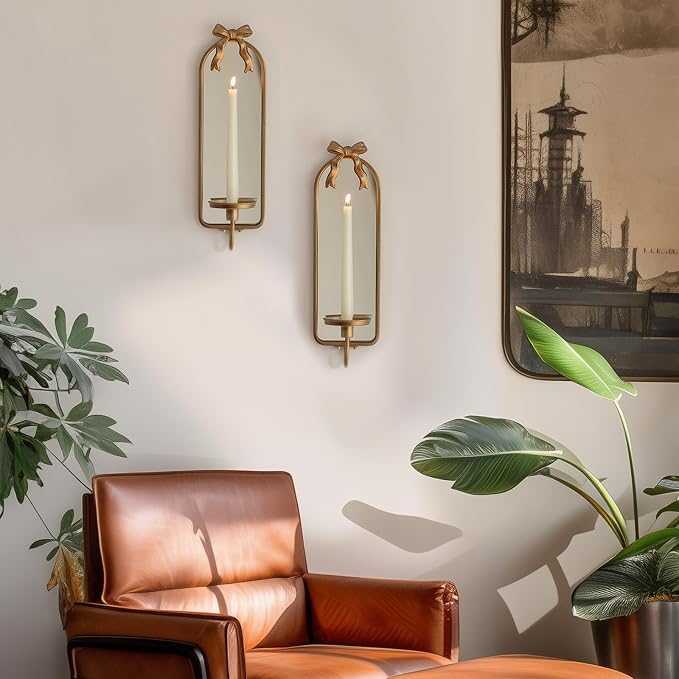 Gold Mirrored Candle Sconces Set of 2 with Arch Metal Frame | Wall Candle Holder, with Detachable Bow, Vintage French, for Pillars or Taper Candles, Beside Fireplace TV