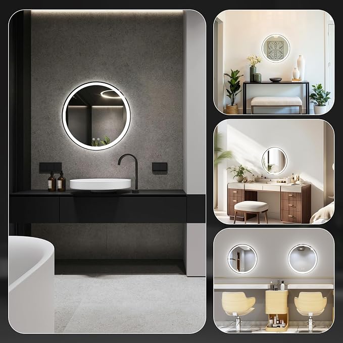 DUMOS 36 Inch Round LED Bathroom Mirror with Lights, Circle Vanity Mirror | Anti-Fog, Dimmable, 3-Color Light, Front Light and Backlit, Memory Function, Tempered Glass