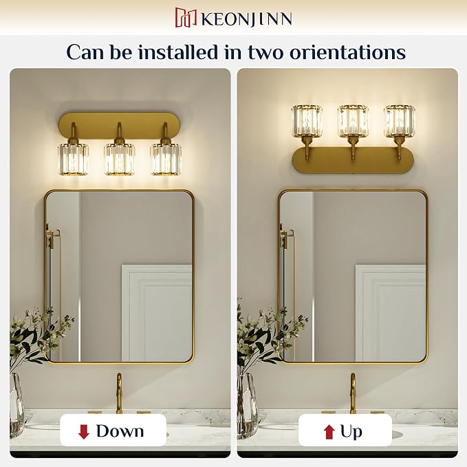 Keonjinn 4-Light Gold Bathroom Light Fixtures Over Mirror, Crystal | Vanity Lighting Fixture with Crystal Square Shades, Dimmable, Modern Style, Compatible with E26 Base LED Bulbs (Exclude Bulb)