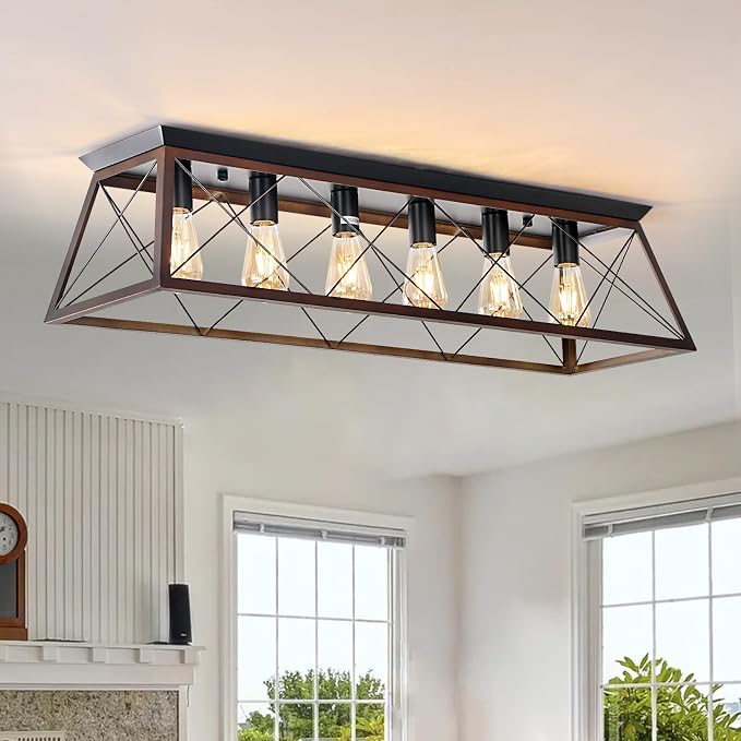 38" Large Brushed Bronze Flush Mount Ceiling Light for Kitchen | Vintage Industrial Kitchen Ceiling Light Fixtures with X-Shaped Metal Cage, 6-Light Farmhouse Large Flush Ceiling Lighting