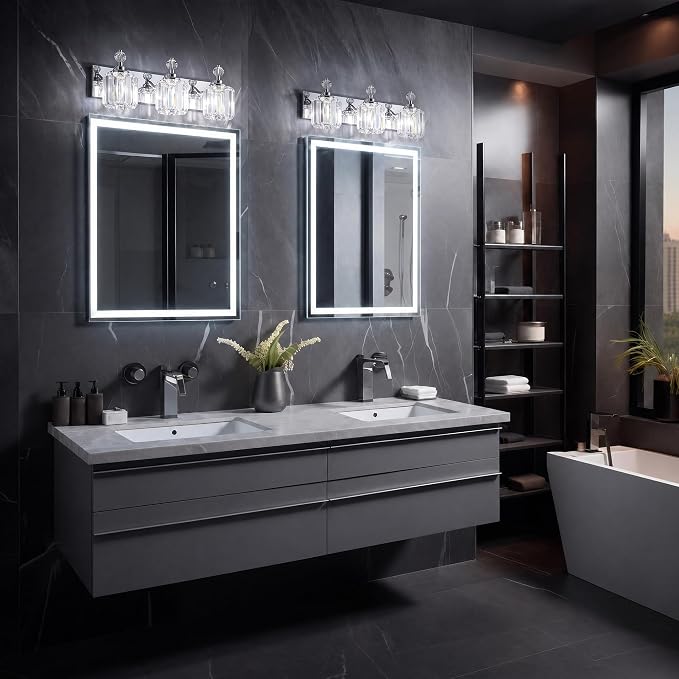 Chrome Light Fixtures, 3 Light Bathroom Vanity Light with 42pcs Crystal Sheet, 22in Modern Vanity Light, Bathroom Lighting Fixtures Over Mirror