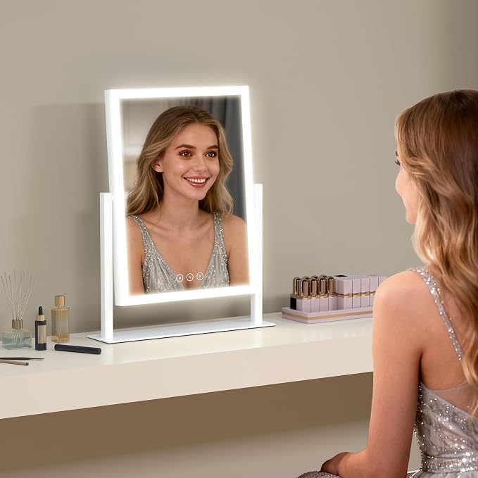 Acoolda Vanity Mirror with Lights,16.9"x 14" Lighted Makeup Mirror, Makeup Mirror with Lights,Three Color Lighting Modes, and 10X Magnification Mirror, Smart Touch Control, 360°Rotation White
