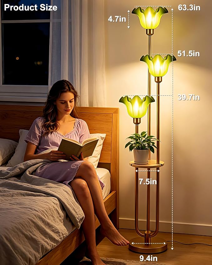 Green Flower Floor Lamp for Living Room, Mid Century Modern Floor Lamp Dimmable with Shelf & LED Bulbs, 3 Light Warmwhite Gold Tall Standing Lamp for Bedroom Girls Room Home Decor