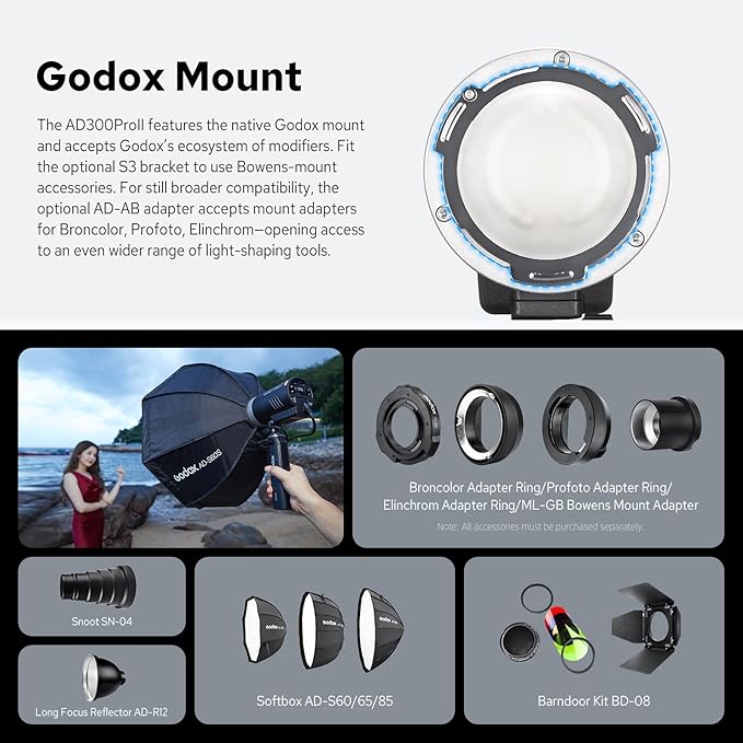 GODOX AD300Pro II AD300 Pro II Outdoor Flash Strobe, 2.4G 300Ws TTL HSS 1/8000s Portable Flash Monolight, 350 Full Power Flashes, 12W Bi-Color Modeling Lamp, 1/512-1/1 Power Adjust, HD Color Screen