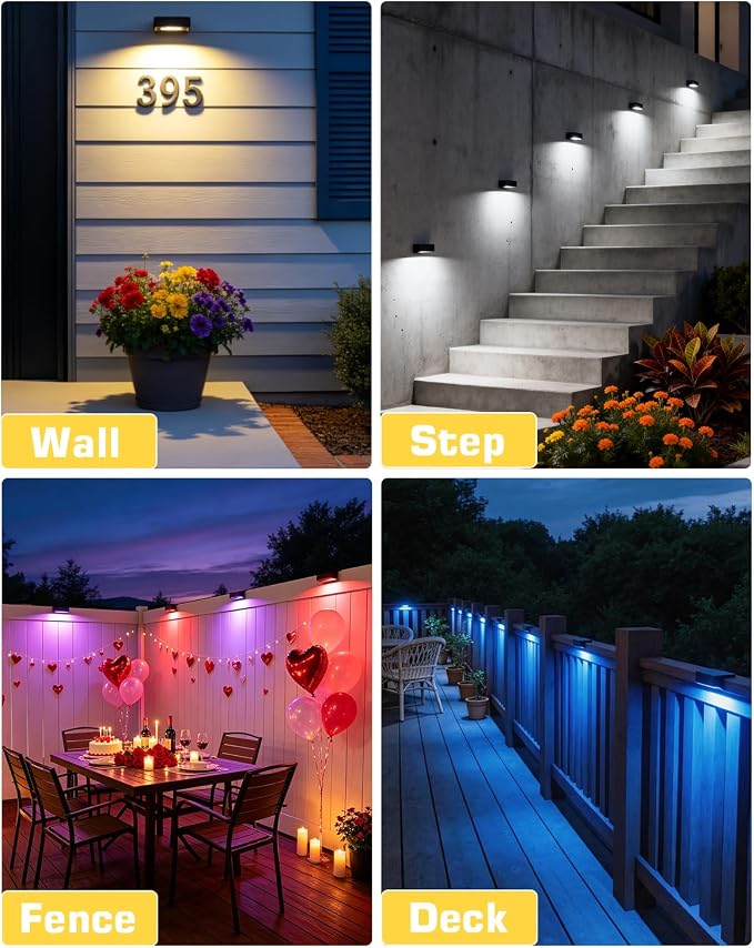Solar Fence Lights Outdoor 4 Pack, 60 Lumen Deck Light Solar Powered with Remote, 9 RGB Colors IP65 Waterproof, 5 LED Color Changing Solar Lights for Outside, Patio, Step, Stairs, Railing, Yard, Wall