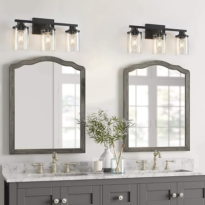 stambord 3 Light Black Bathroom Vanity Light Fixtures with Clear Glass Shade, Modern Wall Sconces Lighting for Bathroom Over Mirror