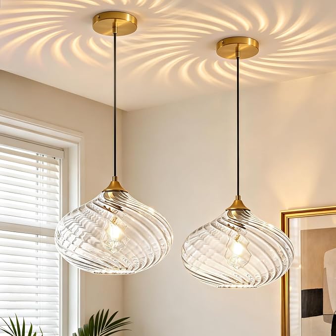 11in Gold Pendant Lights Kitchen Island with Clear Glass Shade 2Pack | Handcrafted Glass Pendant Light Fixtures, UL Certified, E26 Base 100W Max, Height-Adjustable, Dimmable Hanging Pendant Light