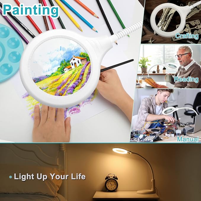 10X Magnifying Glass with Light and Clamp, 5 Color Modes Stepless Dimmable Lighted Magnifier with Stand, Flexible Gooseneck LED Desk Lamp Hands Free for Craft Painting Hobby Close Work