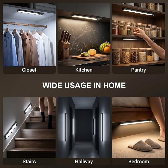 4Pack Under Cabinet Lighting Rechargeable -10" Ultra-Thin Black 3 Color Temps Super Bright, Motion Sensor, Long Lasting - Easy Installation Magnetic Under Closet Lights