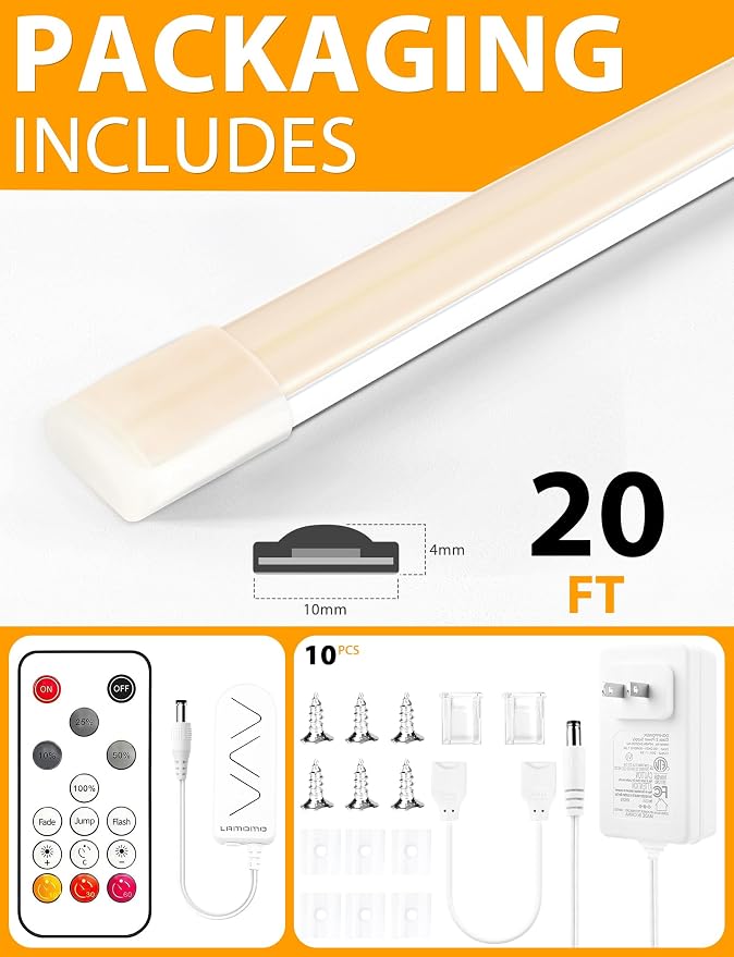 Lamomo COB LED Strip Lights 20Ft, Neutral White Dimmable Self-Adhesive Led Rope Light with Remote, Flexible Cuttable Waterproof 4000K Silicone Neon Tape Light for Bedroom, Indoor, Cabinet, 10mm Width