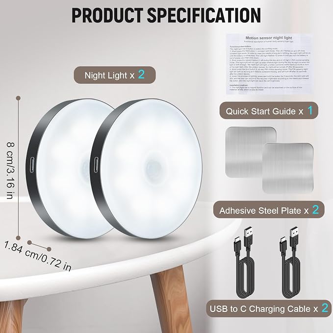 DWEPTU Motion Sensor Night Light 2 Pack LED Night Lights, Dusk to Dawn Motion Sensor for Bedroom, Bathroom, Toilet, Stairs, Kitchen, Hallway | LED Puck Lights, 3 Modes and Dimmable | Stick-On Lights for Bedroom, Kitchen, Cruise Ship