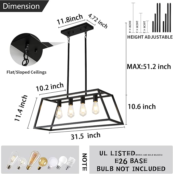 HQZBPTPendant Lighting for Kitchen Island Linear Hanging Light Fixture Matte Black 4-Light Industrial Pendant Lighting for Kitchen Island