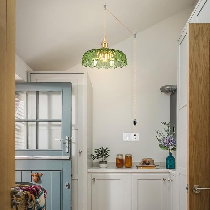 Plug in Pendant Light Fixtures,Green Glass Lampshade Pendant Lighting 9.4in E26 Hanging Light Fixture for Kitchen Island, Bedroom, Dining Room, Living Room