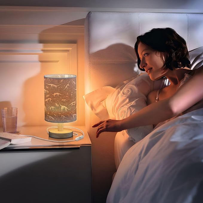 Table Lamp Dinosaur Fossil Dino Skeletons Pattern Nightstand Lamp with Wood Base Fabric Lamp Shade Bedside Desk Lamp for Living Room Bedroom Kids Room Office