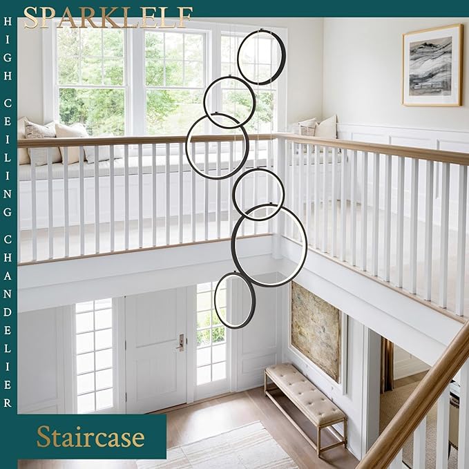6 Rings Modern LED Chandelier for High Ceiling Dimmable Black Contemporary Pendant Light Fixture Long Foyer Chandelier for Entryway Staircase Dining Room Living Room, 3000-6500K