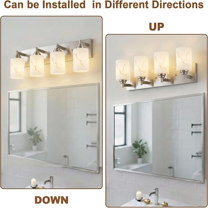 4-Light Bathroom Light Fixture, Brushed Nickel Modern Vanity Light with White Marble Glass Shade, for Bathroom Mirror, Living Room, Bedroom, Hallway, E26 Base, Extended Base