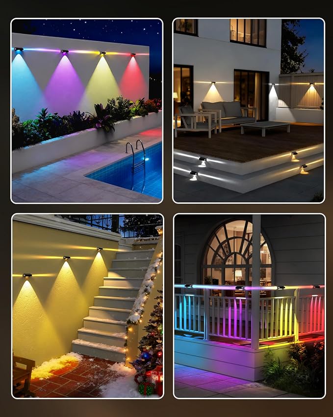 Solar Fence Lights Outdoor 6 Pack, Deck Lights with 12 Mode RGB Color Changing, Warm/Cool White, IP65 Waterproof Dusk to Dawn Solar Light for Fence, Wall, Patio, Step, Backyard, Outside