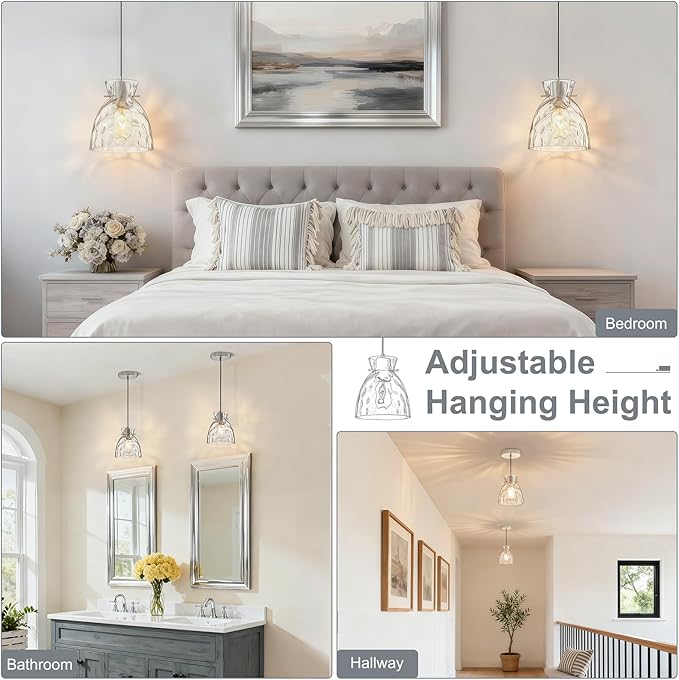 Brushed Nickel Pendant Lights Kitchen Island 2 Pack, 5.9“ Small Hammered Glass Pendant Light Fixtures, Adjustable Modern Hanging Lights Kitchen Pendant Lighting over Island Sink Bathroom Dining Room