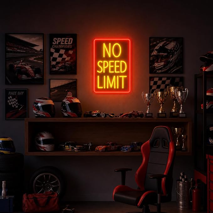 No Speed Limit Neon Sign, LED No Speed Limit Sign Light for Garage Decor | Dimmable No Speed Limit Racing Neon Sign for Car Enthusiasts Garage Decor Man Cave Workshop Bar Auto Shop Gift for Car Lovers