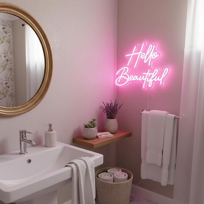 Hello Beautiful Neon Sign Pink Neon Sign Wall Decor Bedroom Beauty Room | Dimmable LED Pink Neon Light for Vanity Room Beauty Salon Makeup Lash Room Bachelorette Boutique Wedding Decor Gift for Girls