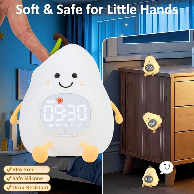 Pear Alarm Clock with Night Light for Kids with Sleep Training Light and White Noise, Rechargeable Silicone Lamp OK to Wake Clock,Cute Tabletop Clock, Perfect Sleep Companion for Boys Girls