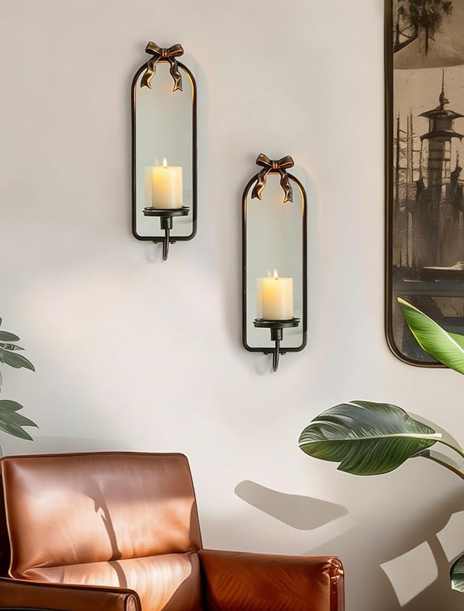 Mirror Wall Candle Sconces Set of 2: Black Metal Frame with Bow | Arched Wall Candle Holder, Detachable Bow, for Taper or Pillar Candles, for Fireplace, Hallway and Bedroom