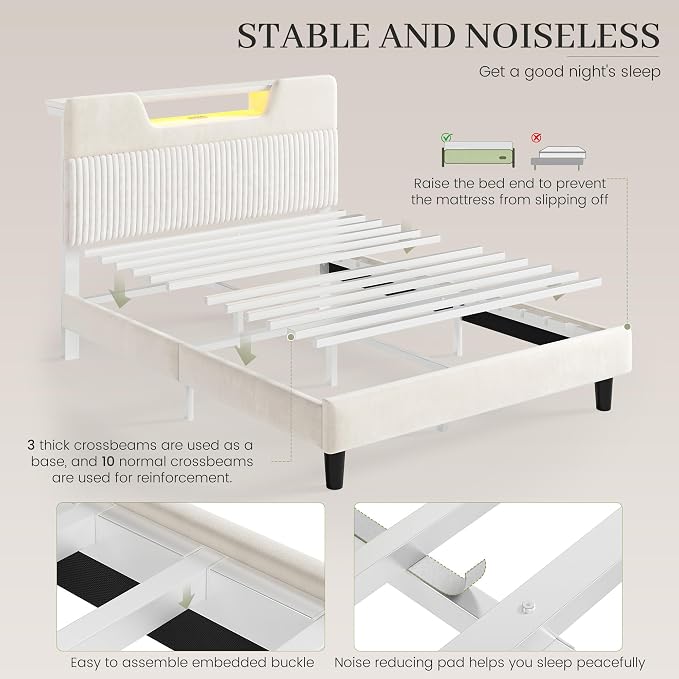 Homkdom Full Bed Frame with Charging Station & Storage Headboard,White | 1USB-C & 2USB-A Charging, RGB LED Lights,7.78" Under-bed Storage,Velvet Upholstered Headboard,No Box Spring,Easy Assembly.