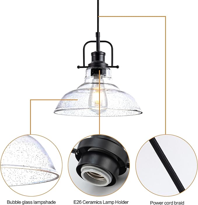 Glass Pendant Light,Black Pendant Light Fixtures with Seeded Glass Shade, Adjustable Height Hanging Lights for Hallway, Kitchen Island, Dinning Room(Bulb not Included)