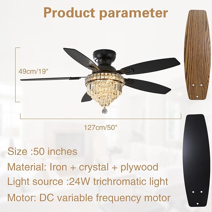 Crystal Ceiling Fan Fandelier with Lights-Ceiling Fans,50" Low Profile and Remote Control, Flush Mount, Reversible, Dimmable, Noiseless,Ceiling Fan for Bedroom(Black)