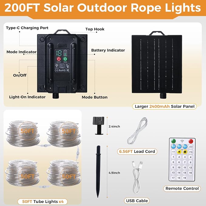 Connectable 200FT 1200LED Solar Rope Lights Outdoor Waterproof | 1.97'' LED Spacing More Brighter, USB & Solar Powered Fairy Lights for Outside Yard Tree Pool Christmas Decor, Warm White