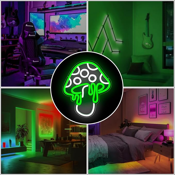 Ajoyferris Mushroom Neon Sign Dimmable Neon Light Sign Mushroom Night Light 3D Light Up Mushrooms Neon Signs for Wall Decor Game Room Bedroom Gift for Kids (Green)