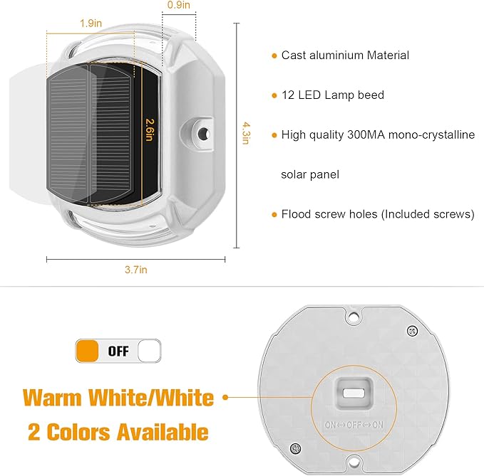 VOLISUN Solar Driveway Lights Dock Deck Lights 12 Pack,2 Colors in 1,Solar Powered Waterproof Outdoor Warning Step Light for Driveway Sidewalk Pathway (White/Warm White),Auto On/Off