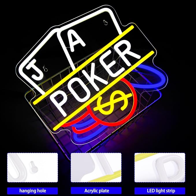 Poker Neon Sign, Playing Cards LED Neon Light for Wall Decor Dimmable Casino Neon Lights for Man Cave, Bar, Bedroom, Hotel, Game Room, Casino Party Decorations Gift
