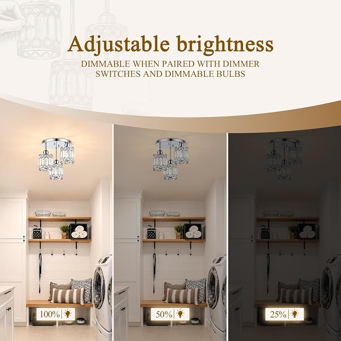 Chrome Crystal Ceiling Light Fixture, 3-Light, E26 | Modern Semi Flush Mount Ceiling Light, Kitchen Lighting Fixtures Ceiling for Hallway Bedroom Bathroom Laundry Room