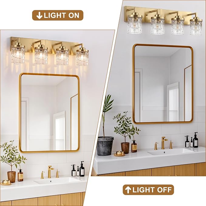 maesta Gold Bathroom Light Fixture,4 Light Modern Vanity Light Over Mirror | Modern Vanity Light, Gold Metal & Crystal Glass Fixture, Anti-Rust, Easy to Install for Bathroom Hallway Bedroom Entryway