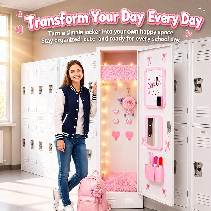 20 PCS Pink Locker Accessories Kit Back to School for Girls | Locker Decorations with Magnetic Mirror Dry Erase Whiteboard Pen Holder Rug String Lights Markers Magnets Hooks and Stickers