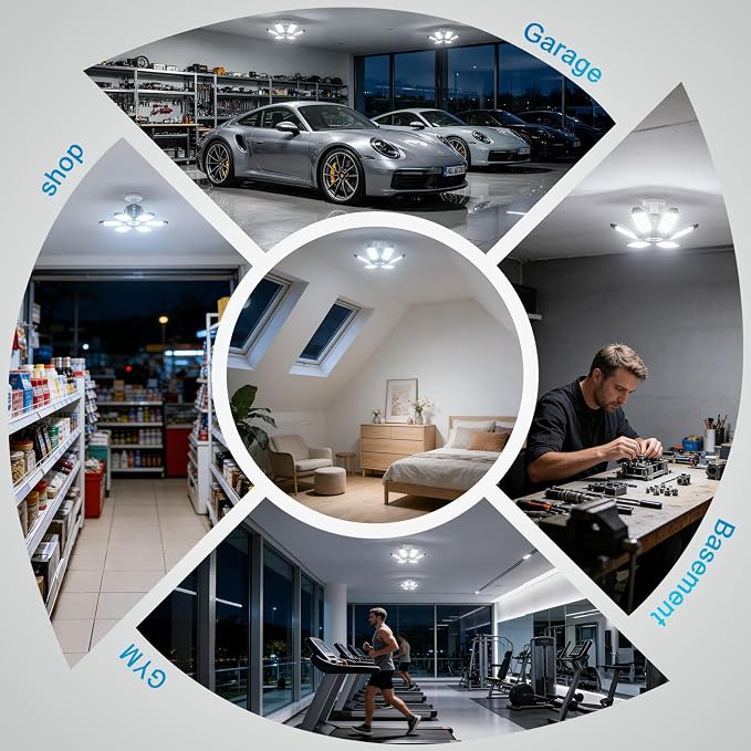 TANBABY Remote PIR Garage Light, 1 Pack, 6+1 Ceiling Light, 30000LM 6500K | Remote PIR Sensor with ON/OFF/AUTO Modes, 30/60/120s Timer, E26 Base, and 6+1 Adjustable Panels for Garage Use