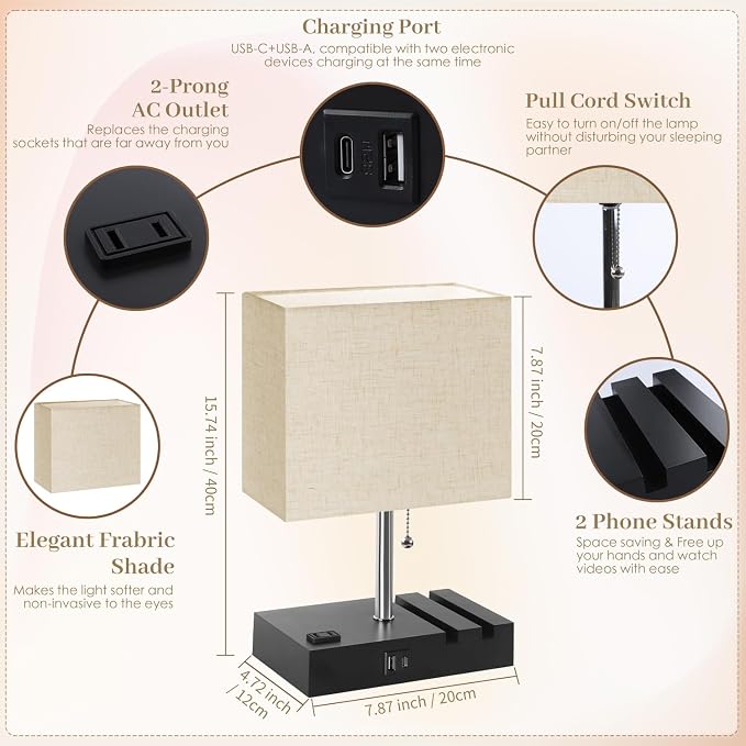 Smart RGB Dimmable Table Lamp Work with Alexa&APP&Remote Control, Beige | Bedside Desk Lamp with Charging Ports&Outlet&Phone Stand, Music Sync Nightstand Lamp for Bedroom Living Room Office Dorm