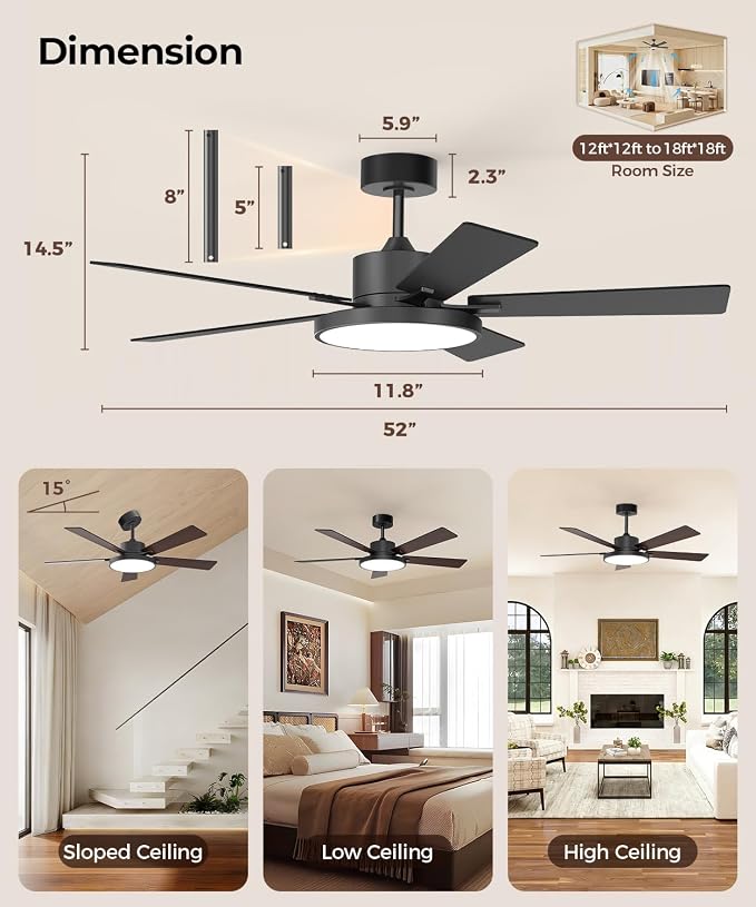 RGBCW Smart 52" 2600LM LED Ceiling Fan Light with Remote, Black | Alexa/Google/App Control, Reversible DC Motor, 6 Speeds & 2 Fan Modes, Dimmable, Quiet Fan for Bedroom, Living & Gaming Room