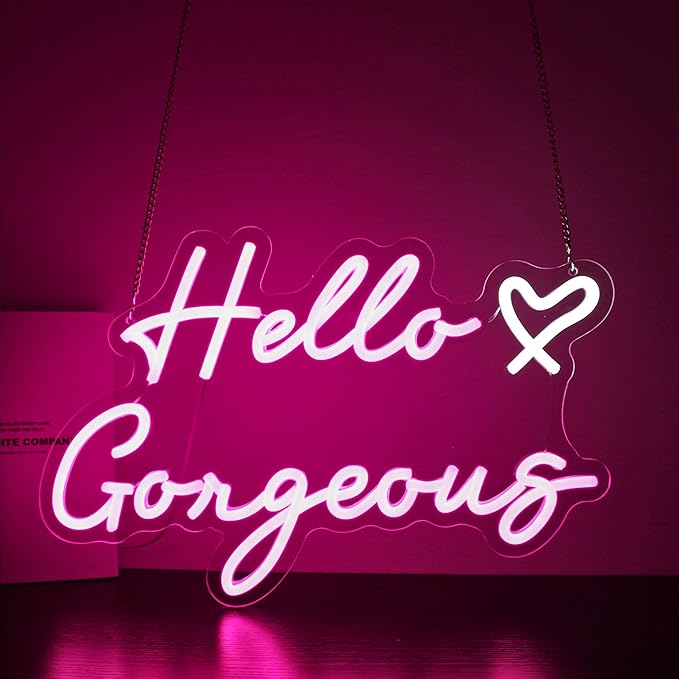 Hello Gorgeous Neon Sign, HSJNJKFU Neon Signs for Wall Decor Beer Bar Led Light Signs for Man Cave Decor Pink Led Neon for Room Birthday Party USB Powered