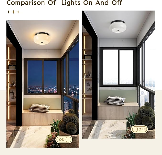 2-Light Black Ceiling Light, 11.02 in Milky White Glass Shade | Mid-Century Modern Metal Base, E26 Ceramic socket, Hallway, Kitchen, Bedroom, Bulb Not Included