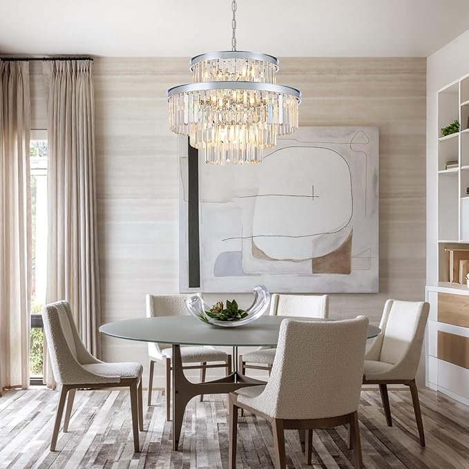 22" Modern Crystal Chandeliers 15 Lights Chrome Ceiling Pendant Light 4-Tier Luxury Round K9 Crystal Light Fixture for Living Room Dining Room Bedroom Kitchen Foyer
