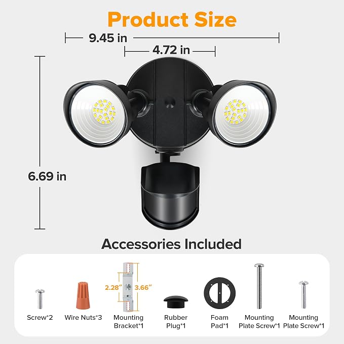 UME 2 Pack LED Security Light Motion Sensor Outdoor Lights, 27W 3500LM, 5000K, IP65 Waterproof, Dusk to Dawn, 2 Head Motion Detector Flood Light for Outside, Garage, Yard (Black)
