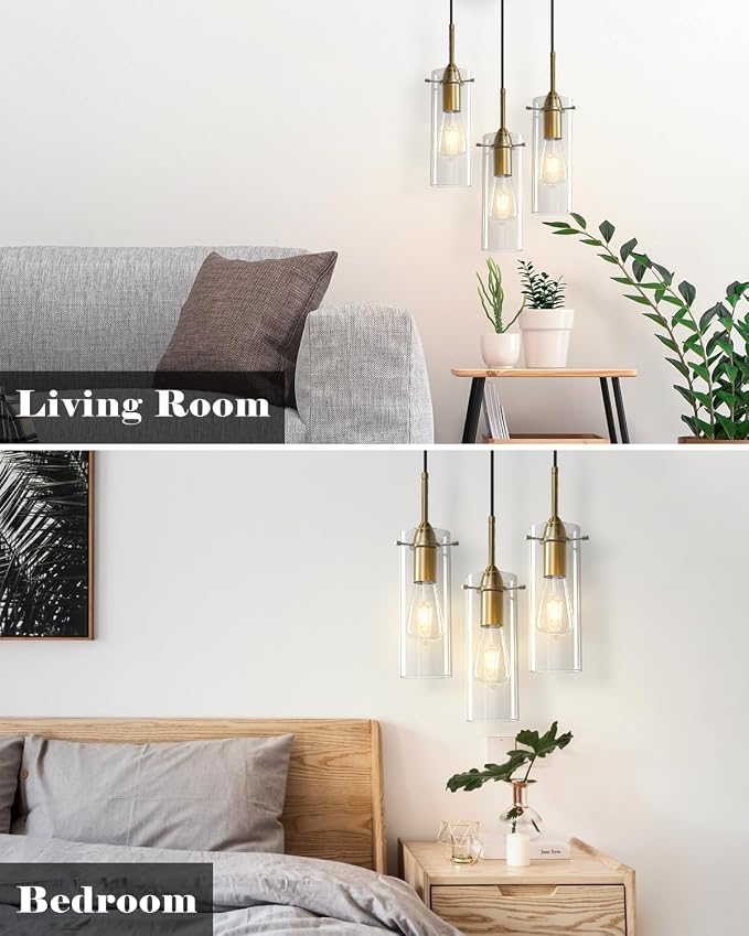 Gold Glass Pendant Lights, Island Pendant Lights for Kitchen, Blown Glass Pendant Light 2 Packs, Modern Kitchen Pendant Light, Hanging Pendant Lights for Kitchen Island, Dining Living Room