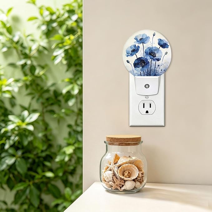 Night Light Watercolor Blue Flower Night Lights Plug into Wall Auto on/off | Tulip Floral Plug-in Night Light with Dusk to Dawn Sensor, Energy Saving Nightlight for Hallway Kitchen Living Room