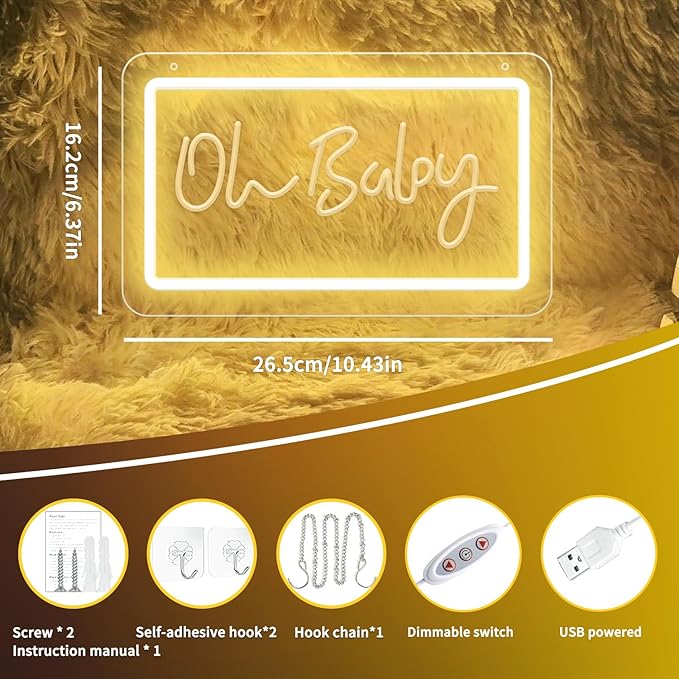 Oh Baby Neon Signs for Wall Decor,Warm White LED Letter Neon Sign with Adjustable Brightness,3D Art Carving Design Neon Lights for Bedroom Birthday Party Wedding Christmas Valentine's Day