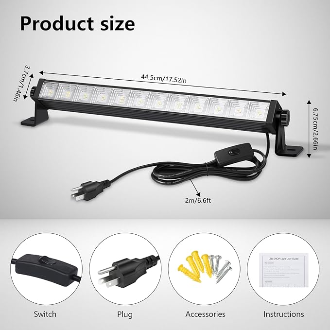 2 Pack 24W LED Shop Lights – 5400 lm 6000 K Daylight, 6.5 ft Plug-in Cord with Inline Switch, 180° Tilt, Graphene Cooled – Linkable Garage, Workshop, Warehouse, Yard Lighting