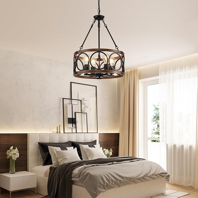 15.7'' Farmhouse Chandelier, 4-Light Walnut Wood Grain Dining Room Light Fixture Over Table, Rustic Industrial Drum Hanging Pendant Lights Fixture for Kitchen Island Bedroom Hallway Foyer Entryway